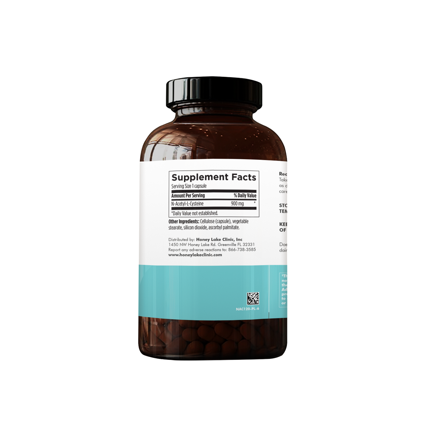 Supplement facts label on BOOST dietary supplement bottle, showing 900 mg of N-Acetyl-L-Cysteine (NAC) per capsule, with additional ingredients including cellulose and ascorbyl palmitate.