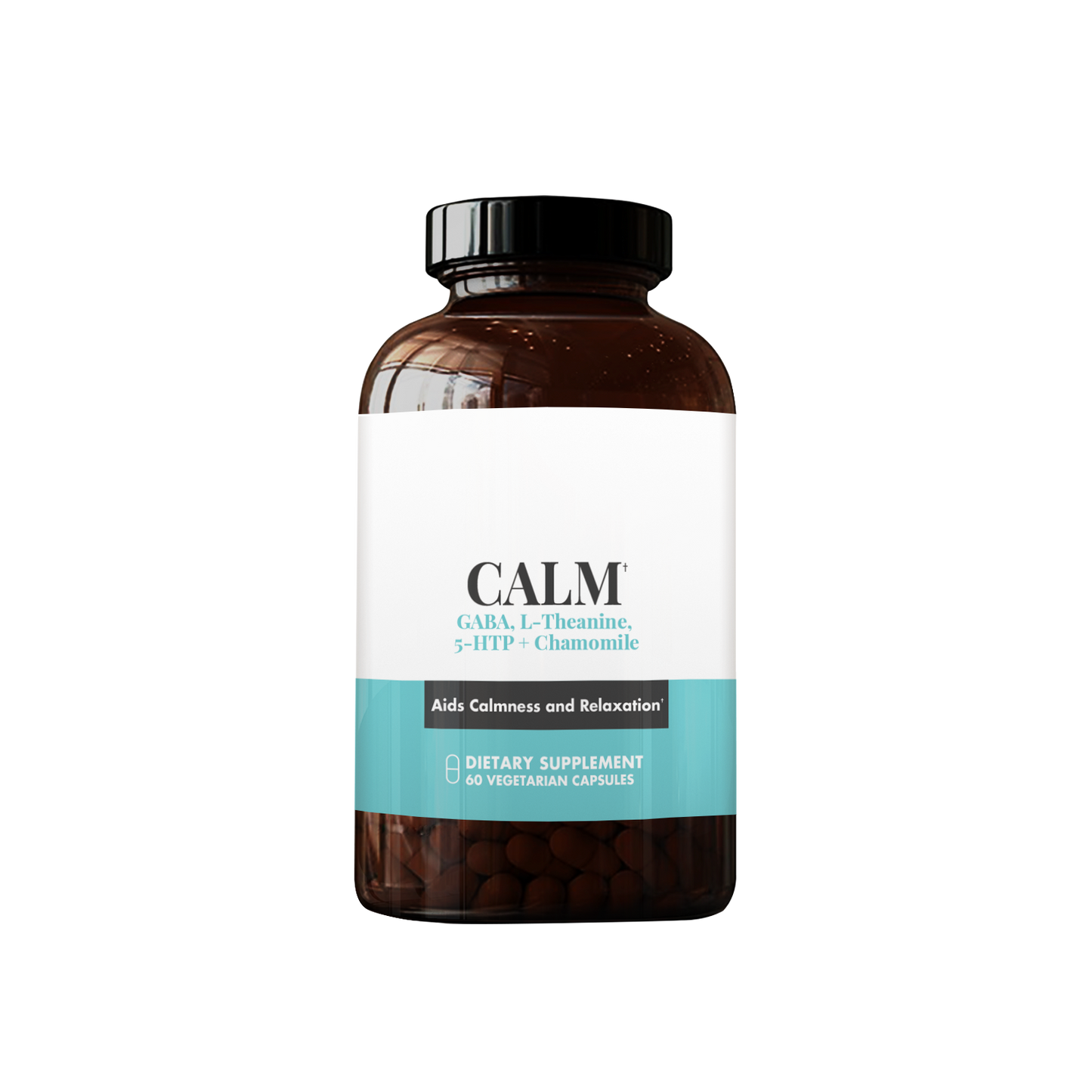 CALM dietary supplement bottle containing 60 vegetarian capsules with GABA, L-Theanine, 5-HTP, and Chamomile to aid calmness and relaxation.