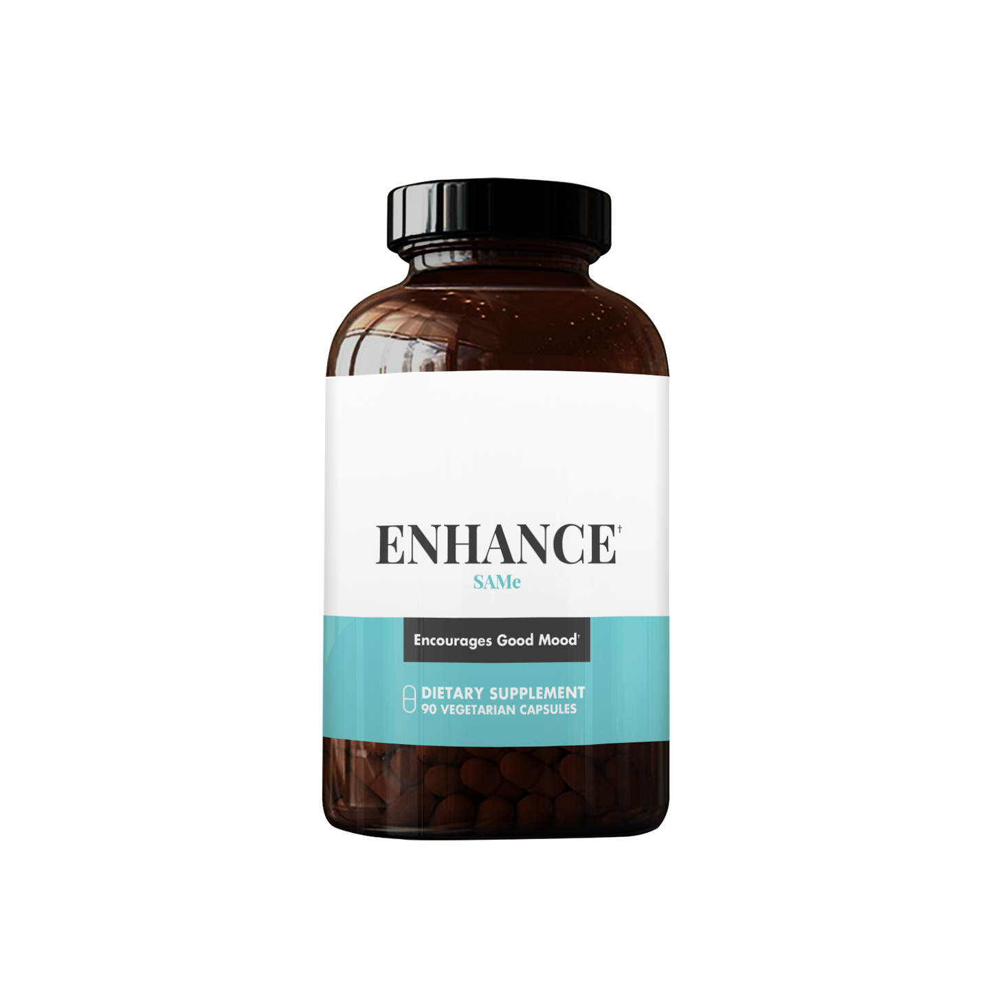 ENHANCE dietary supplement bottle containing 90 vegetarian capsules of SAMe, designed to encourage good mood and emotional well-being.