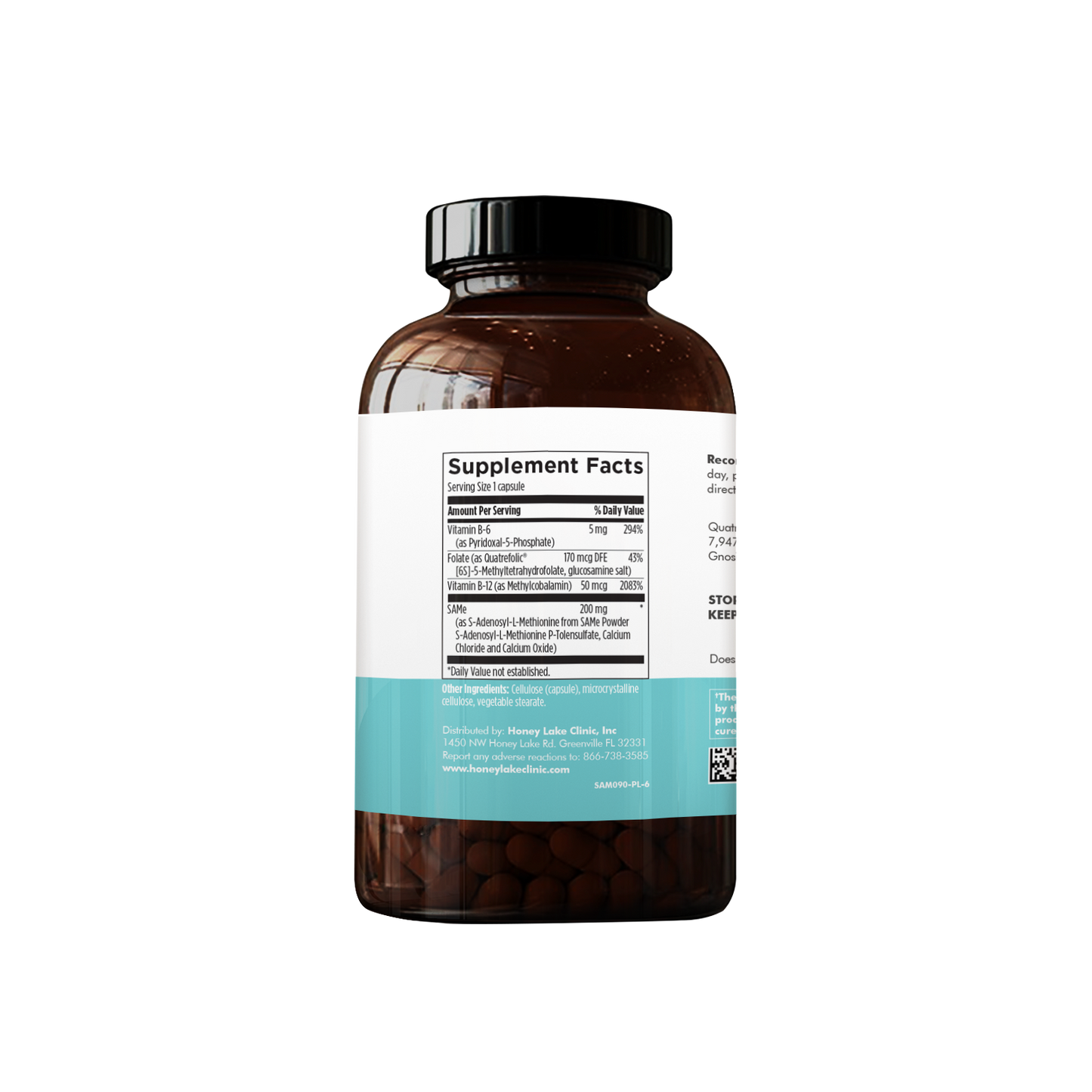 Supplement facts label on ENHANCE SAMe supplement bottle, showing 200 mg SAMe, Vitamin B6, B12, and Folate for mood and emotional support.