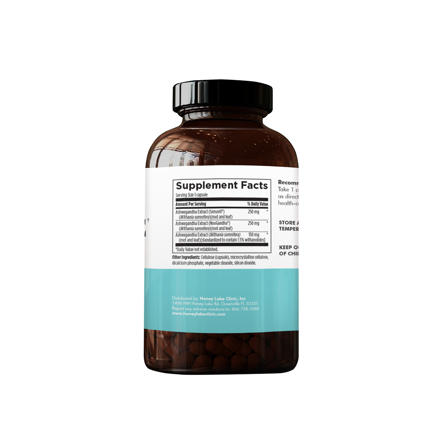 Supplement facts label on REVITALIZE Ashwagandha supplement bottle, showing 650 mg of Ashwagandha extracts including Sensoril, NooGandha, and standardized root extract per serving.