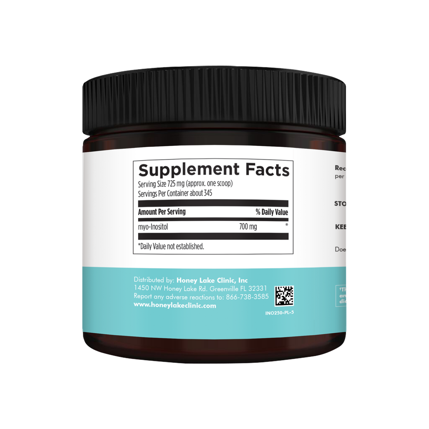 Supplement facts label on SOOTHE Inositol Powder, showing 700 mg myo-inositol per serving, with approximately 345 servings per container.