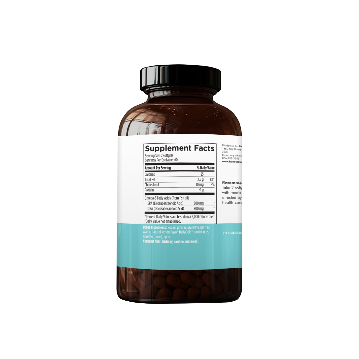 SUPPORT supplement facts label displaying 1600 mg Omega-3 fatty acids, with 800 mg EPA and 800 mg DHA per serving, along with additional nutritional information.