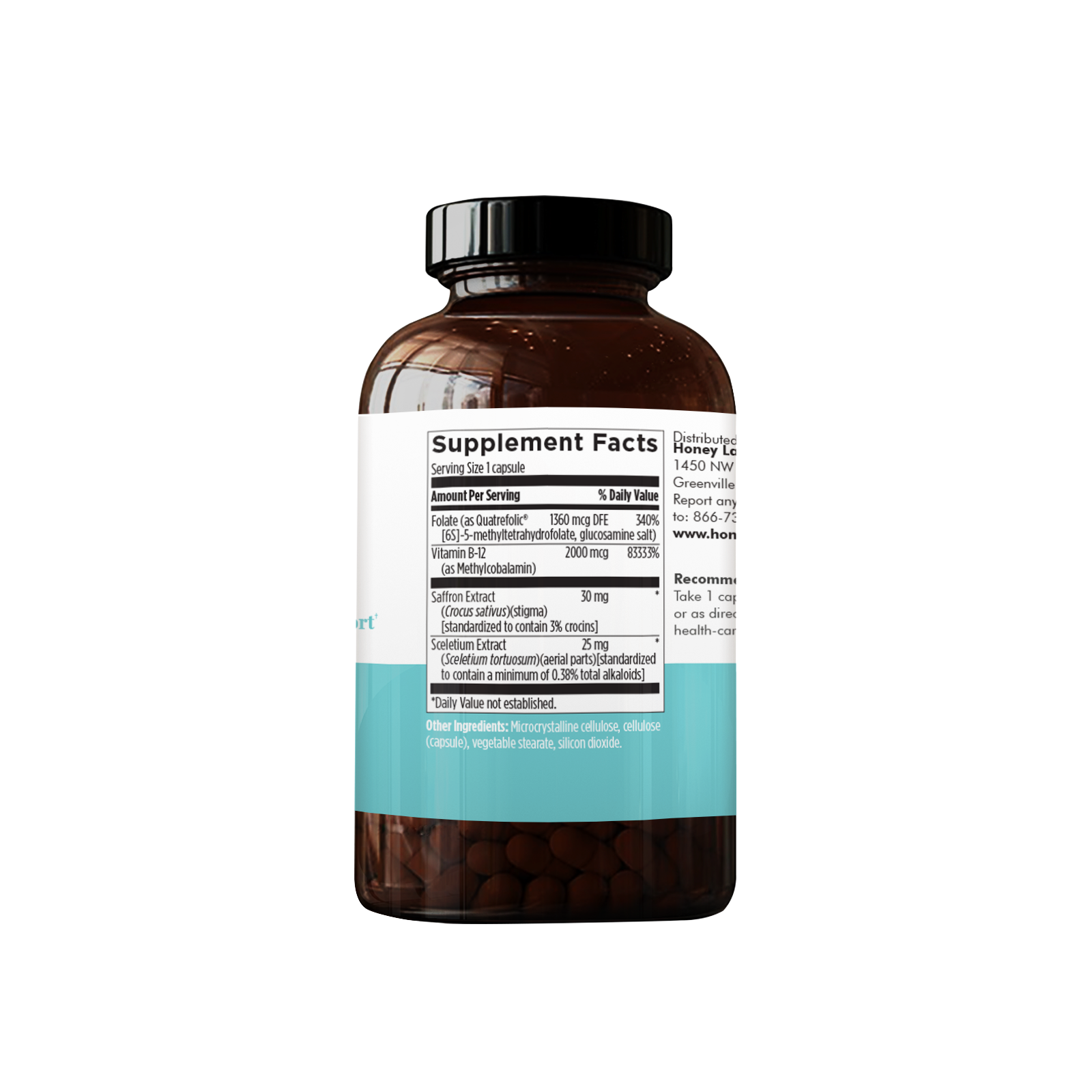 Supplement facts label on BALANCE dietary supplement bottle showing ingredients including folate, Vitamin B12, saffron extract, and selenium for brain and mood support.