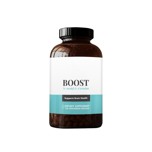 BOOST dietary supplement bottle with 120 vegetarian capsules, containing N-Acetyl-L-Cysteine (NAC) to support brain health.
