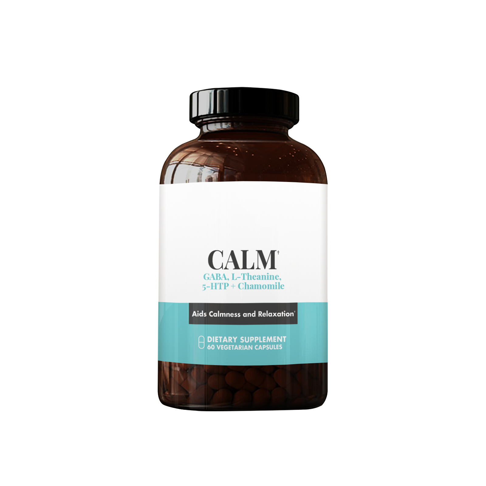 CALM dietary supplement bottle containing 60 vegetarian capsules with GABA, L-Theanine, 5-HTP, and Chamomile to aid calmness and relaxation.