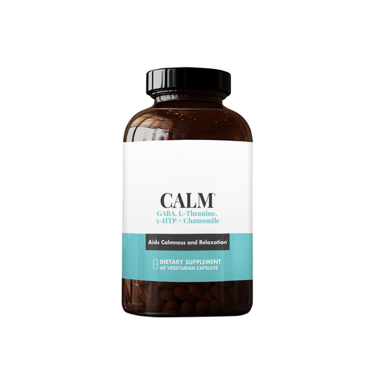 CALM dietary supplement bottle containing 60 vegetarian capsules with GABA, L-Theanine, 5-HTP, and Chamomile to aid calmness and relaxation.