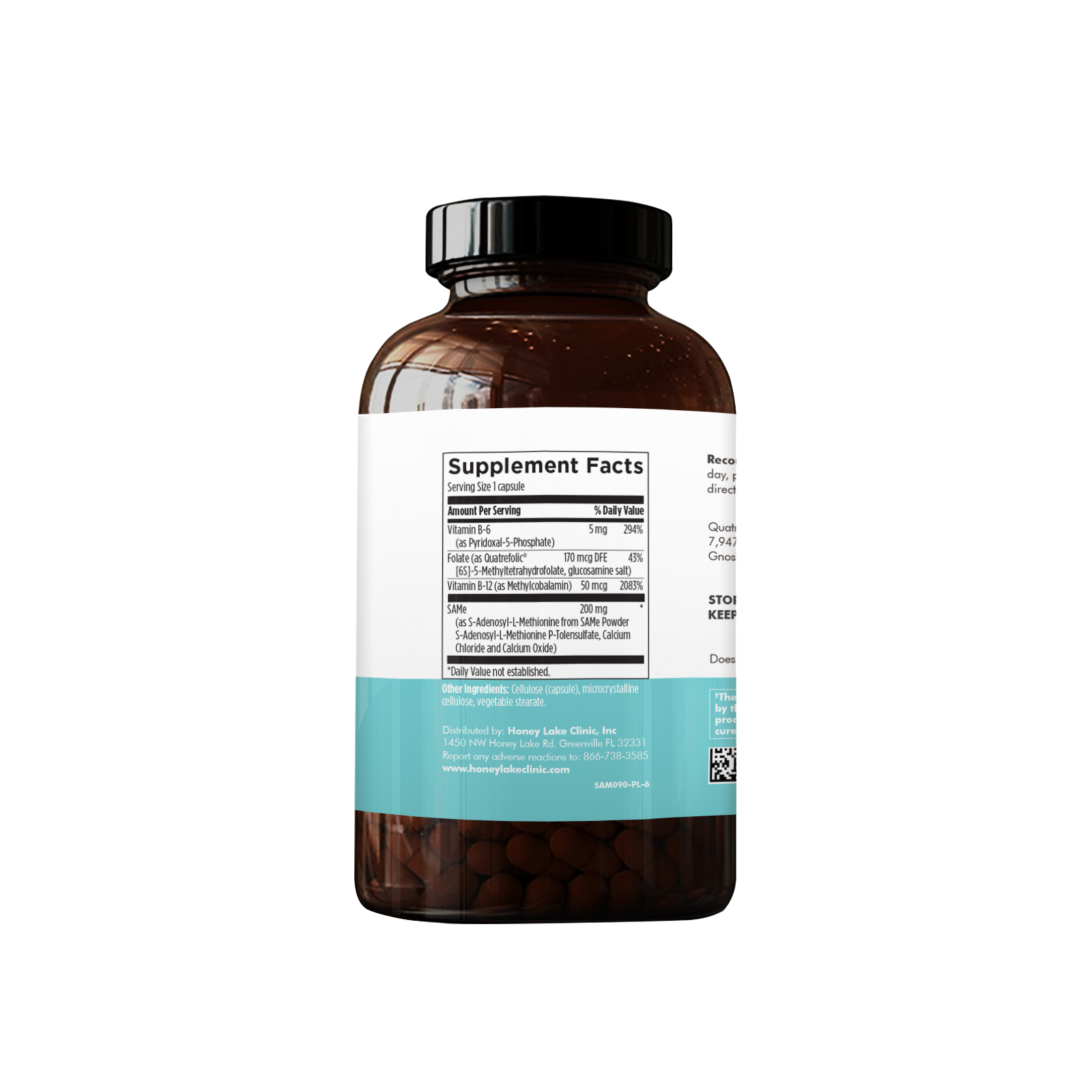 Supplement facts label on ENHANCE SAMe supplement bottle, showing 200 mg SAMe, Vitamin B6, B12, and Folate for mood and emotional support.