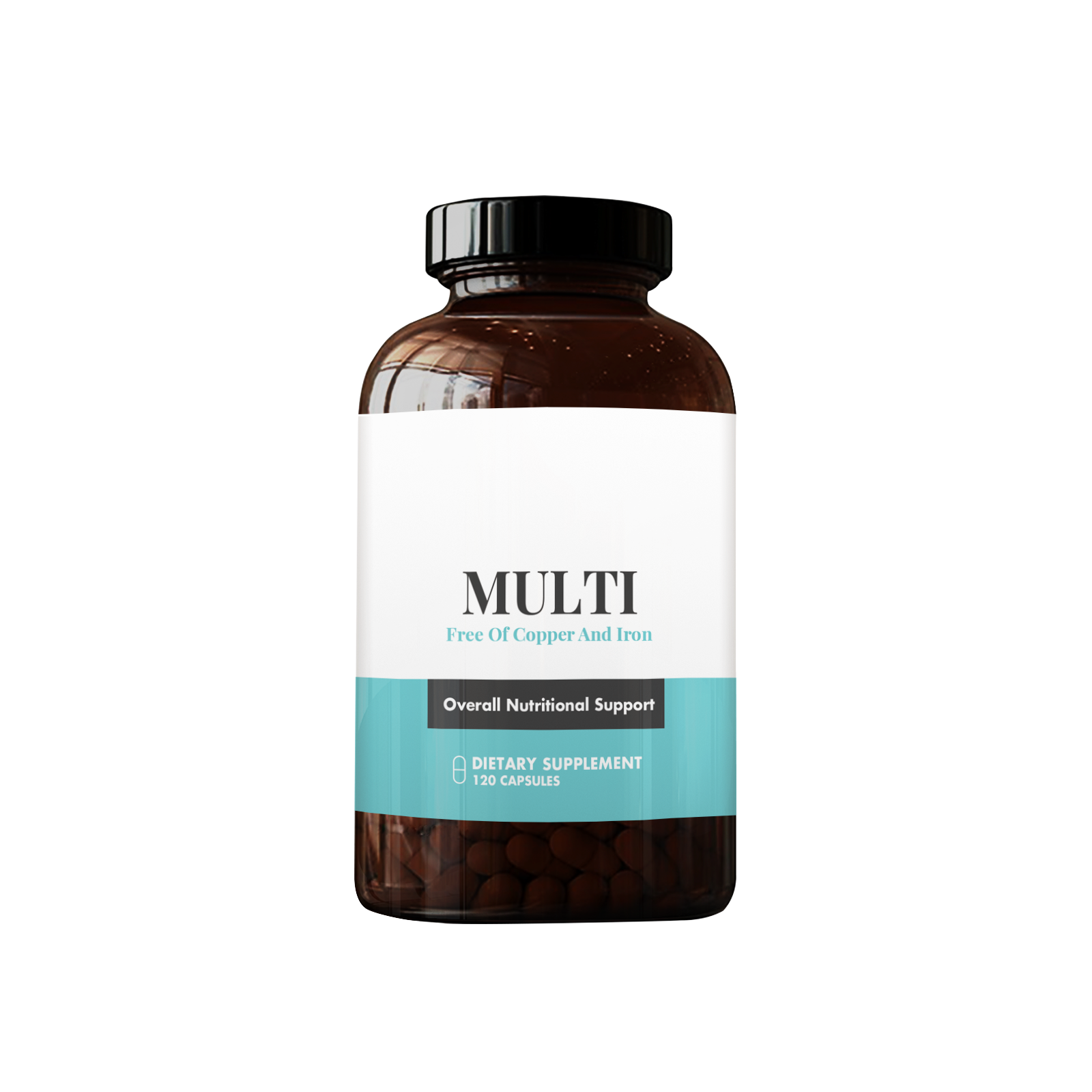 MULTI dietary supplement bottle with 120 capsules for overall nutritional support, free of copper and iron.