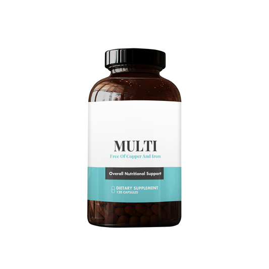 MULTI dietary supplement bottle with 120 capsules for overall nutritional support, free of copper and iron.