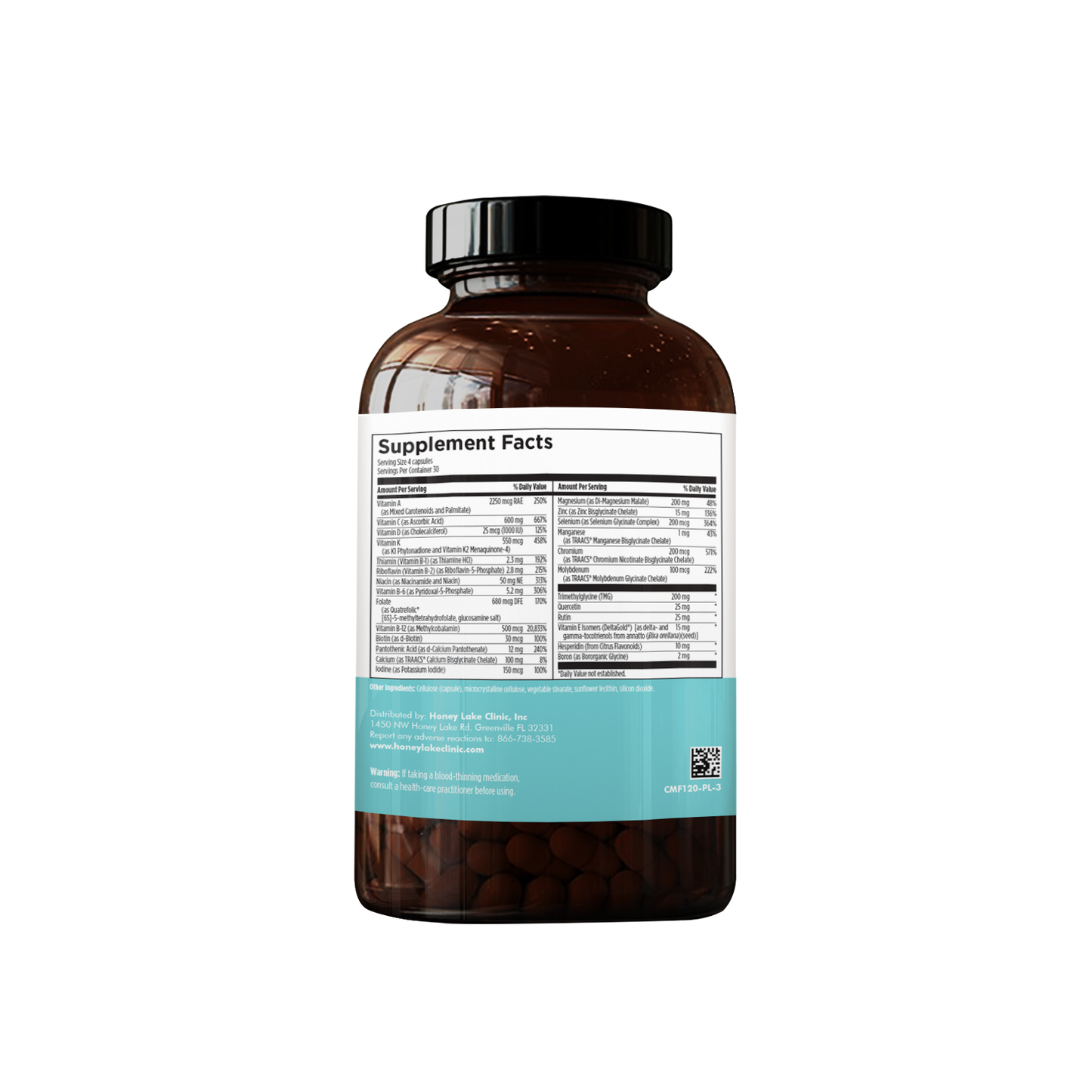 Supplement facts label on MULTI dietary supplement, detailing vitamins, minerals, and nutrients for overall nutritional support, free of copper and iron.