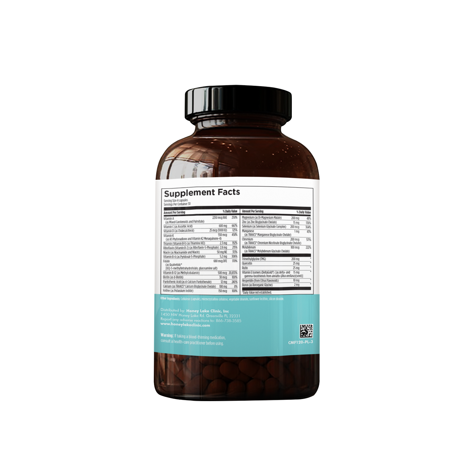 Supplement facts label on MULTI dietary supplement, detailing vitamins, minerals, and nutrients for overall nutritional support, free of copper and iron.