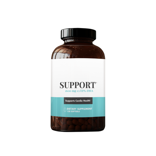 SUPPORT dietary supplement bottle with 120 softgels containing 1600 mg EPA-DHA in a 1:1 ratio, designed to support cardio health.